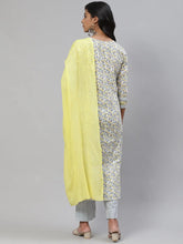 Women White Navy Blue Ethnic Printed Pure Cotton Kurta With Trousers Dupatta